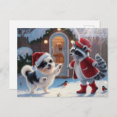 Carte Postale Raccoon et un mignon chien fête Noël (Devant / Derrière)