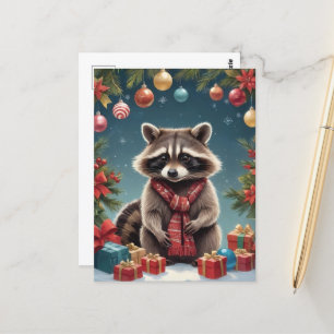 Carte Postale Raccoon festif aux lumières de Noël
