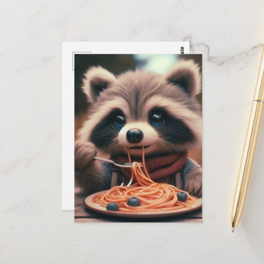 Carte Postale Raccoon Mange Spaghetti (Devant/Arrière en situation)