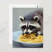 Carte Postale Raccoon mangeant Spaghetti (Devant / Derrière)