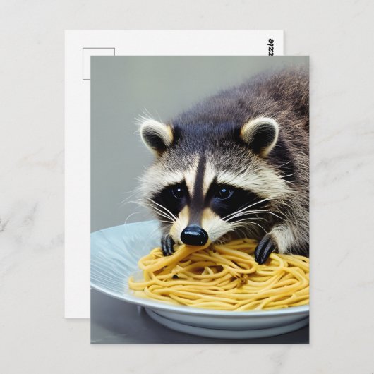 Carte Postale Raccoon mangeant Spaghetti (Devant / Derrière)