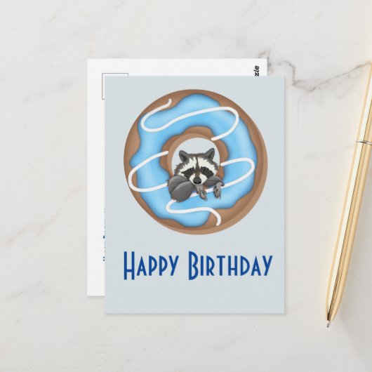 Carte Postale Raccoon mignon avec Donut doux Joyeux Anniversaire (Devant/Arrière en situation)