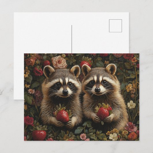 Carte Postale Raccoons Adorables Aux Fraises (Devant / Derrière)