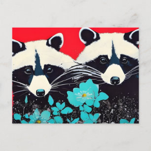 Carte Postale Raccoons Adorables Avec Fleurs Bleues