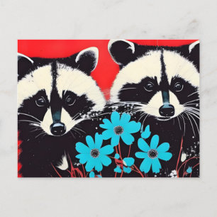 Carte Postale Raccoons Adorables Avec Fleurs Bleues Arrière - pl