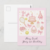 Carte Postale Racket de tennis ton rose pour 1er anniversaire de (Devant / Derrière)