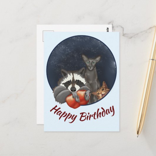 Carte Postale Racon et chats aux pommes Joyeux anniversaire (Devant/Arrière en situation)