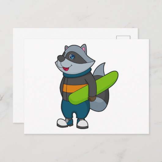Carte Postale Racoon as Snowboarder avec snowboard (Devant / Derrière)