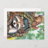 Carte Postale Racoon Dans Le Trou De L'Arbre Avec Écureuil (Devant / Derrière)