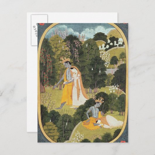 Carte Postale Radha et Krishna marchant dans un bois (Devant / Derrière)