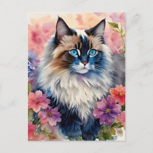 Carte Postale Ragdoll Chat Floral Portrait Art (Devant)