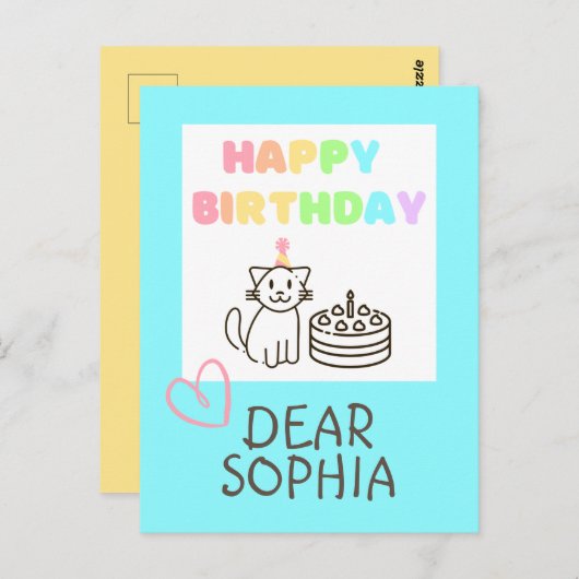 Carte postale Rainbow Happy Birthday Cat (Devant / Derrière)