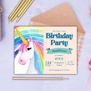 Carte Postale Rainbow Kids Unicorn 1er Anniversaire Fête Invitat