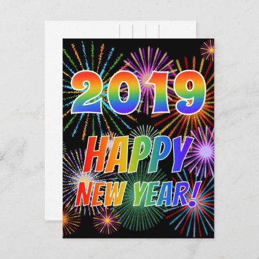 Carte Postale Rainbow Letters "2019" + "HEUREUX NOUVEL AN !" (Devant / Derrière)