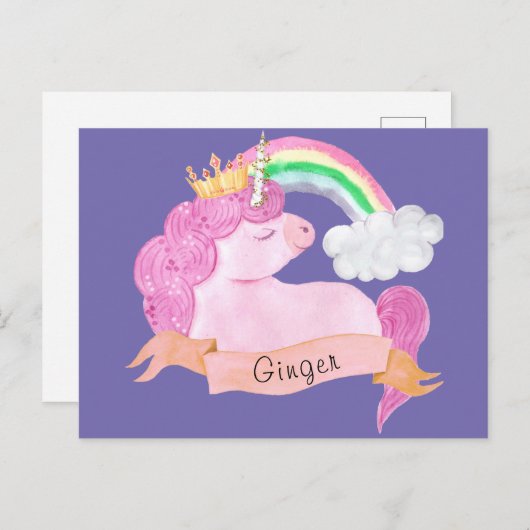 Carte Postale 🌈 Rainbow Unicorn Nom personnalisé (Devant / Derrière)