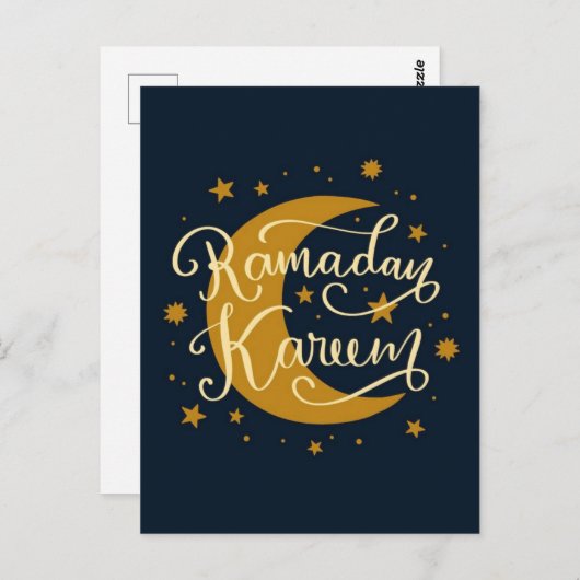 Carte Postale Ramadan Kareem | Croissant d'or et étoiles (Devant / Derrière)