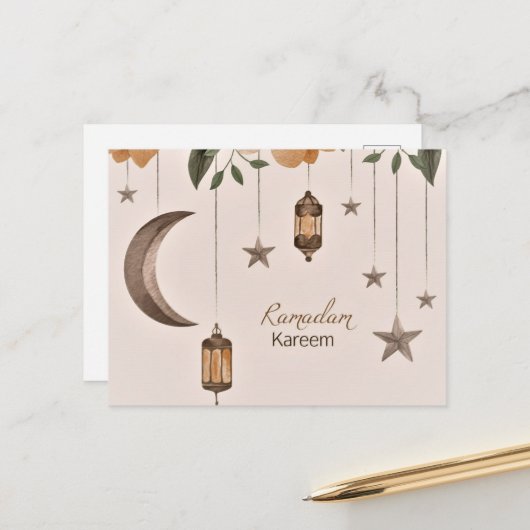 Carte Postale Ramadan Kareem lune et étoiles (Devant/Arrière en situation)