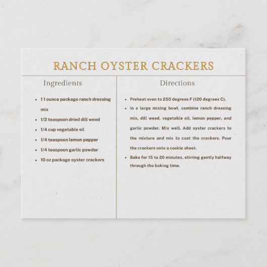 Carte Postale Ranch Oyster Crackers Recette Thanksgiving Food (Devant)