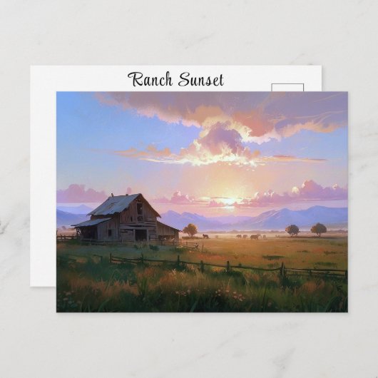 Carte Postale Ranch Sunset Sunrise Peinture Ancienne Ferme aband (Devant / Derrière)