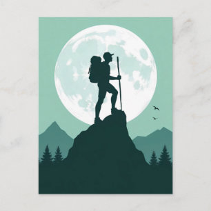 Carte Postale Randonneur en silhouette sur un pic avec la lune e