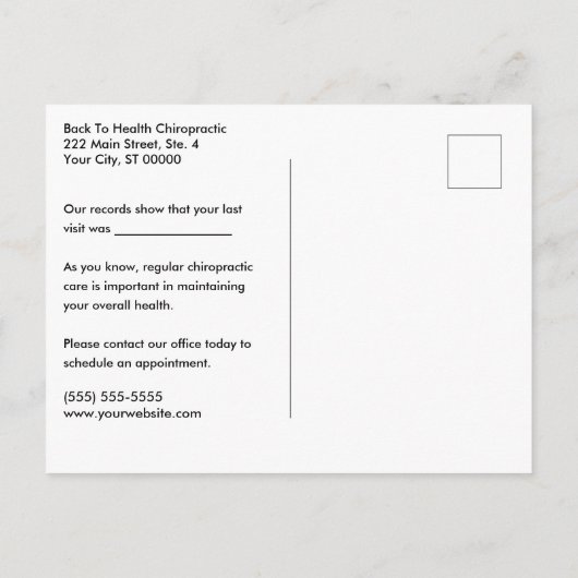 Carte Postale Rappel chiropratique Rétro On vous a manqué (Dos)