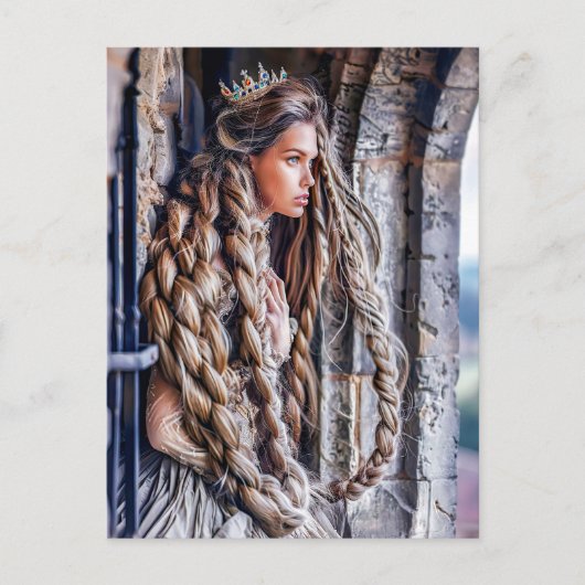 Carte Postale Rapunzel avec ses longs cheveux dans la tour (Devant)