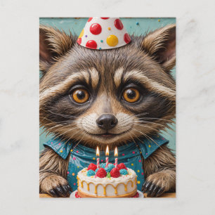 Carte Postale Raton laveur adorable avec un gâteau d'anniversair