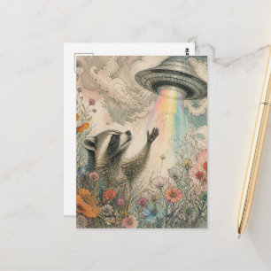 Carte Postale Raton laveur adorable dans les fleurs sauvages et