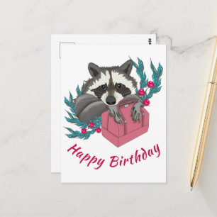 Carte Postale Raton laveur avec des fleurs et un sac rose Joyeux