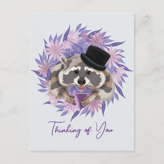 Carte Postale Raton laveur avec un chapeau et une tasse de café. (Devant)