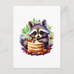 Carte Postale Raton laveur de printemps d'été avec un gâteau d'a