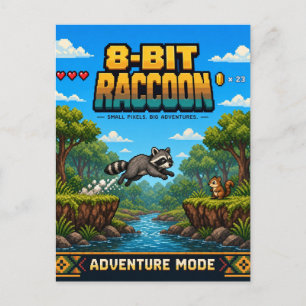 Carte Postale Raton laveur, Pixel Art 8 Bits Rétro