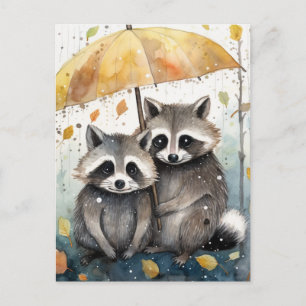 Carte Postale Raton laveurs mignons sous la pluie