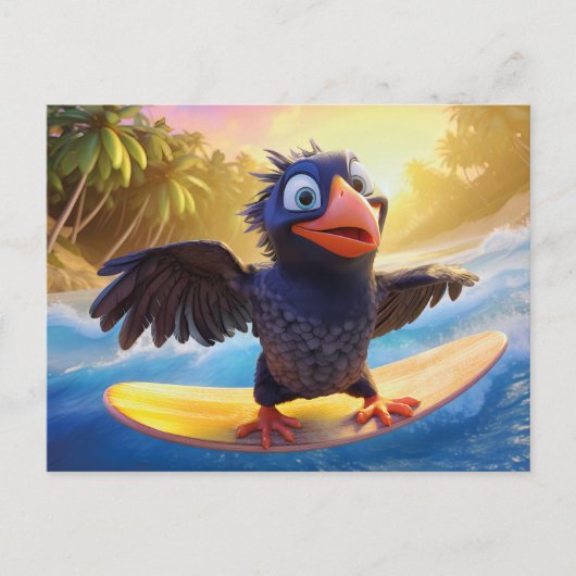 Carte Postale Raven Surfing In Tropical Paradise With Palm Trees (Devant)