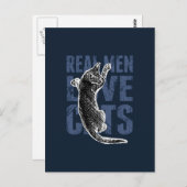 Carte Postale Real Men Love Chats sur acier bleu (Devant / Derrière)