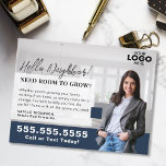 Carte Postale Realtor Marketing Logo Real Estate Farming Mailer<br><div class="desc">Enhance your real estate marketing efforts with this elegant navy blue farming mailer postcard, designed to grab attention and build credibility in your neighborhood. The sophisticated navy blue backdrop paired with customizable features, like uploading your logo and photo, ensures your message is both personal and professional. This eye-catching postcard is...</div>