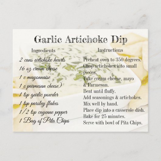 Carte Postale Recette Ail Artichoke Dip (Devant)