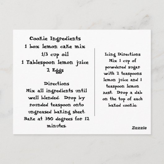 Carte Postale Recette de biscuits au citron (Dos)