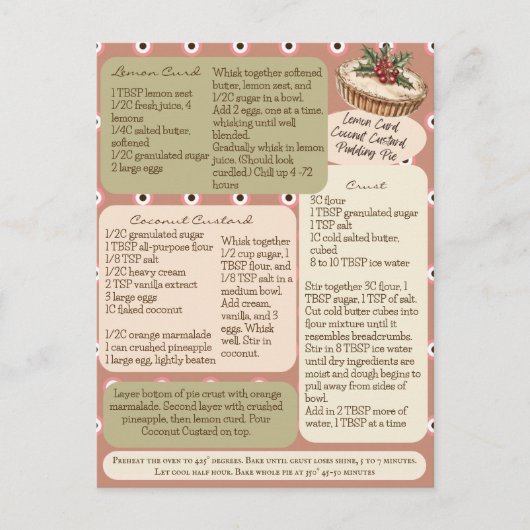 Carte Postale Recette de tarte au citron curé à la noix de coco (Devant)