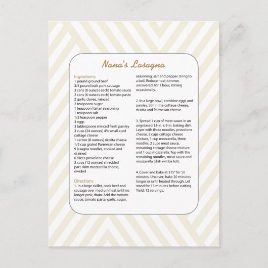 Carte Postale Recette Favorite Famille Chevron - Lasagna (Devant)