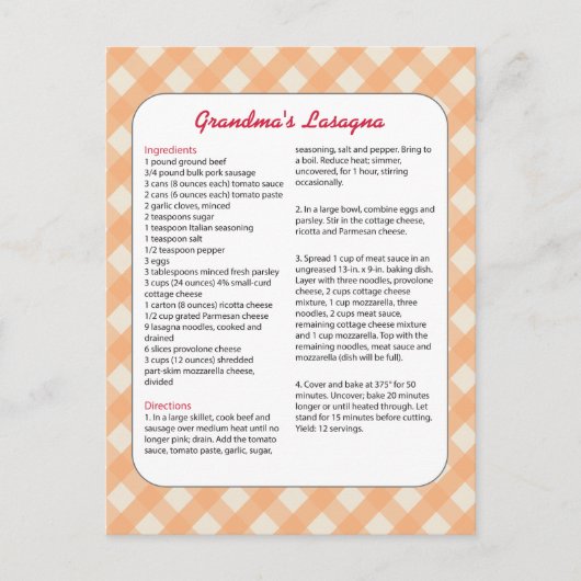 Carte Postale Recette préférée de la famille Rétro - Lasagne (Devant)