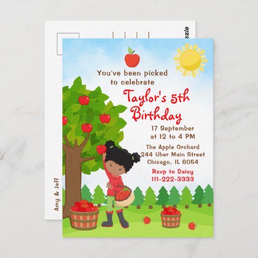 Carte Postale Récolte de pommes d'anniversaire Fille afro-améric (Devant / Derrière)
