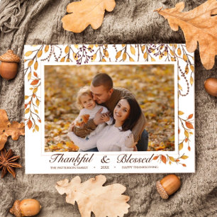 Carte Postale Reconnaissant & Bénis Joyeux Thanksgiving Feuillag