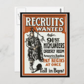 Carte Postale Recrutement 91e Highlanders Bagpiles Première Guer (Devant / Derrière)