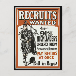 Carte Postale Recrutement 91e Highlanders Bagpiles Première Guer