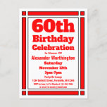 Carte postale Red 60th Birthday Invitation<br><div class="desc">Envoyez des invitations à une célébration du 50e anniversaire avec cette carte postale Red 50th Birthday Invitation. Il peut être customisé avec vos informations personnelles.</div>