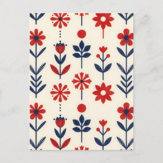 Carte Postale Red and Navy Folk Floral Pattern (Devant)