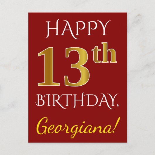 Carte Postale Red, Faux Gold 13th Birthday + Custom Name (Devant)