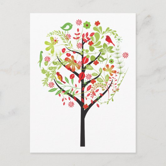Carte postale Red green tree and cute birds (Devant)