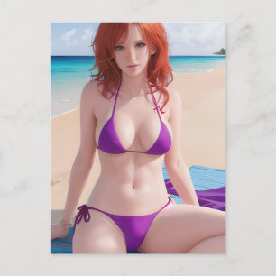 Carte Postale Red Haired Lady dans un Bikini violet